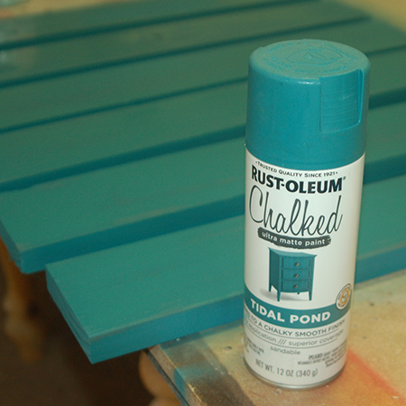 Put down a drop cloth or newspaper to spray the assembled table top with Rust-Oleum Chalked spray paint. 