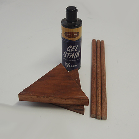 I used Woodoc Gel Stain - Antique Oak - on all the pieces. Apply using a sponge or rag and work with the grain for a nice, even finish on my string and wood light or lamp