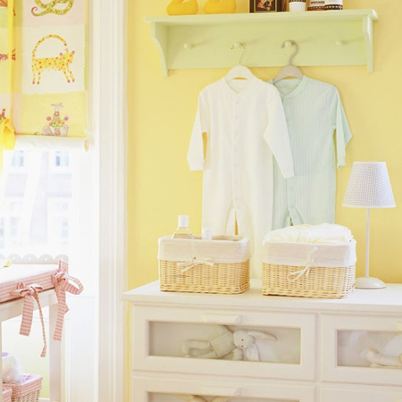Soft, buttery yellow is the perfect colour if you want to decorate a gender neutral nursery. You can still introduce other subtle colours later on. In colour psychology, yellow hues promote concentration and is a happy, cheerful colour perfect for a nursery