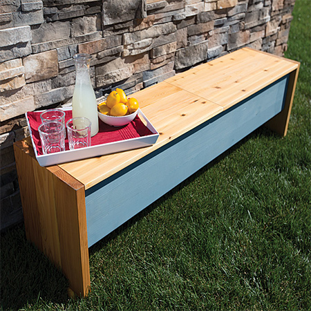 This outdoor storage bench is perfect for a deck or patio where you need extra storage, seating or a table. It looks great and will hold up well outdoors if properly treated. Lift-off panels allow for easy storage.