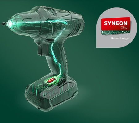 First and foremost, the Syneon Chip is an intelligent, electronic control system incorporated into Bosch cordless tools. This chip controls the ratio of current and voltage, which means tools perform at optimum power - even for demanding jobs. The Syneon Chip also prevents overheating and regulates current and voltage limits, increasing the lifetime of your Bosch tools.