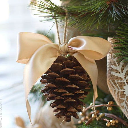 HOME-DZINE | Christmas Crafts - You can collect pine cones from the ground and keep these for seasonal decorations that won't cost a cent. Coat the pine cones in clear craft glue or acrylic sealer (ModPodge) to preserve. For the holidays, add a festive bow, paint or sprinkle with glitter before adding some string to hang on the tree or make your own holiday decor.