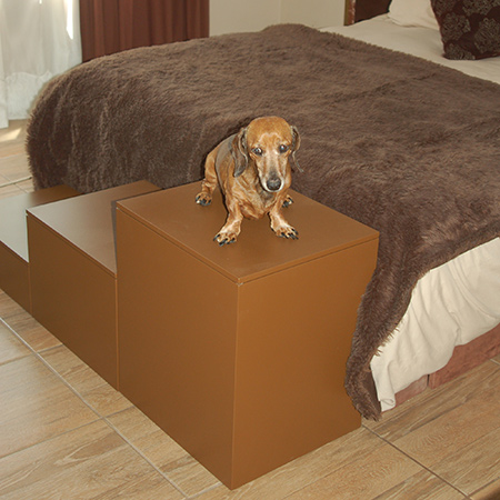 I have a pair of Dachshunds and one is getting on in age. To help them climb onto the bed I made a set of storage doggie steps.