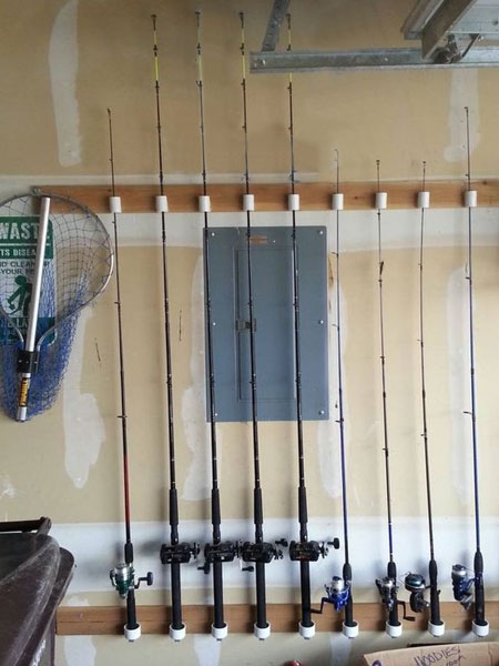 All types of sports gear, including that huge collection of fishing rods, can be neatly stored out of the way and to be easy to find when needed. PVC pipe is a practical storage option for all types of items, and you can buy PVC pipe at your local Builders and cut to size with a hacksaw.