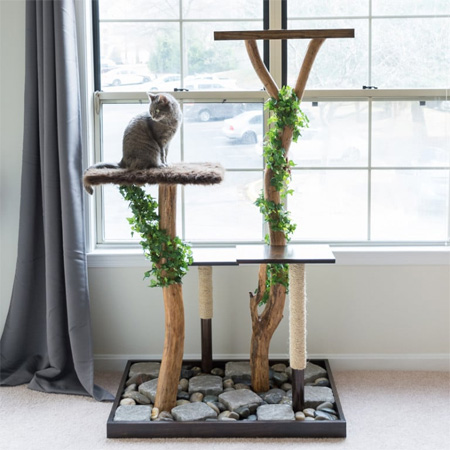 HOME-DZINE | Made using split-poles, cut branches and a few accessories, you can easily have a happy cat with this cat play stand. Plywood trays are supported on split poles and branches to make a multi-level cat play stand
