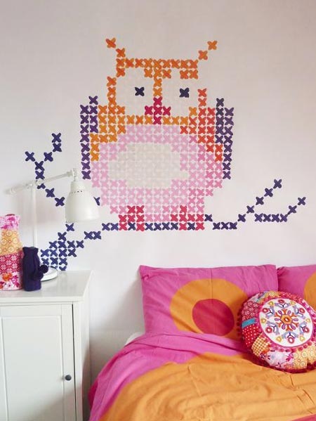 HOME-DZINE | Cross-stitch murals are the new way to add interest to walls, but if you prefer something a little more temporary, or you rent your home - use washi tape to stick on an interesting or colourful cross-stitch design. When you want to change the look, simply peel the tape off.