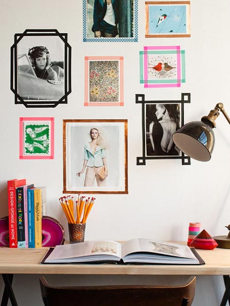 HOME-DZINE | A simple, stunning and inexpensive way to create a mini wall gallery is to frame your favourite images or designs with washi tape. It's easy to remove the tape, making it ideal for renters.