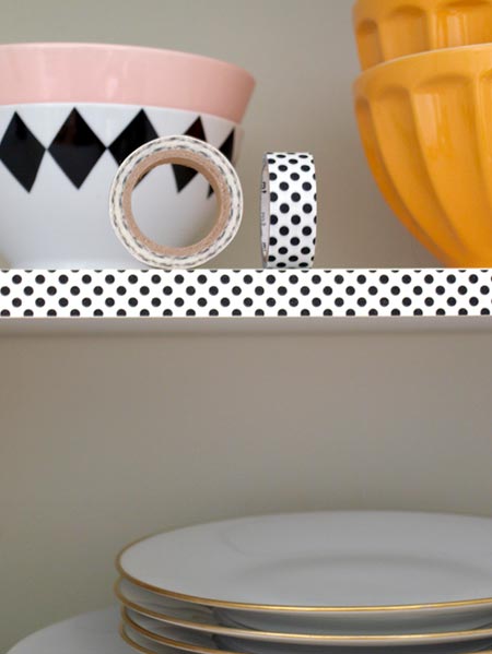 HOME-DZINE | If you have open shelves, apply a strip of washi tape along the edge to provide an interesting feature. Another great way for those renting to add a personal touch to their home.