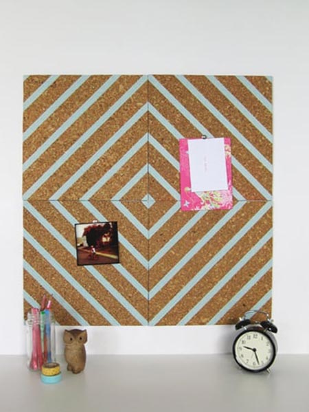 HOME-DZINE | Turn plain cork tiles into an interesting feature with a few strips of washi tape.