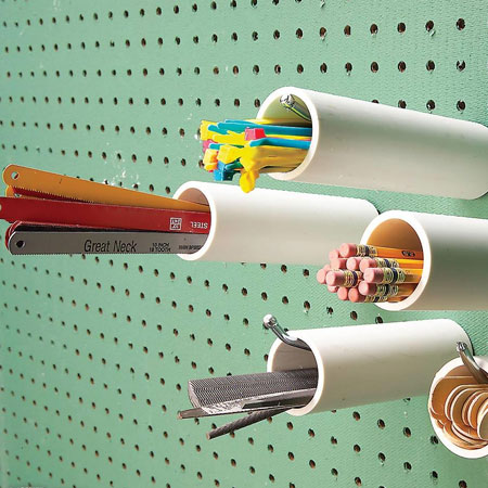 HOME-DZINE | Workshop Organisation - You can also use small sections of PVC pipe to create a storage board for items that you use on a regular basis. Slip the cut pipe over a long hanger and then insert accessories.