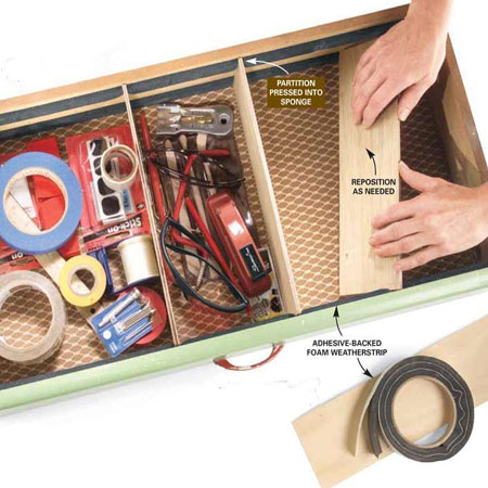 HOME-DZINE | Workshop Organisation - And finally... a great way to get your drawer organised by using adhesive-backed foam weatherstrips that you will find at your local Builders, and 3mm strips of plywood.