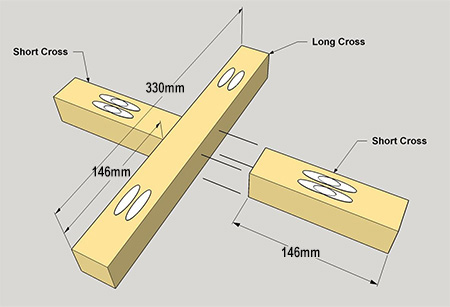 2. To assemble, align the Short Cross brace to the Long Cross brace as shown below. Secure with pocket-hole screws. Align the second Short Cross brace and repeat the process.