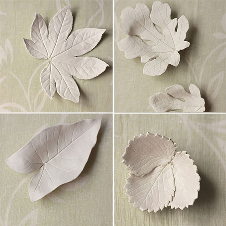 pressed leaf design on air dry clay bowls