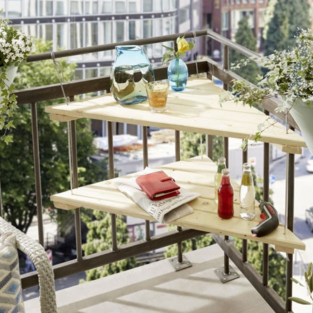 HOME-DZINE | DIY Projects - This handy table is perfect for a small balcony. The triangular shape allows it to fit into any corner and you can secure to existing railings or fasten to a balcony wall.