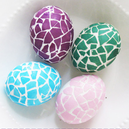 Time for something different... give Easter eggs a mosaic effect with coloured eggshells glued on the top. 