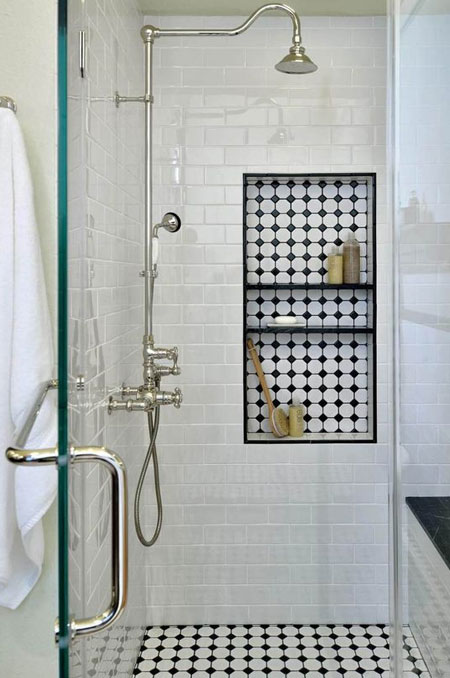 victorian bathroom with black and white tiles
