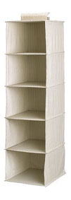 Fabric shelves are great for storing shoes in a fitted closet