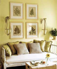 Framed botanical prints add to this comfy seating arrangement