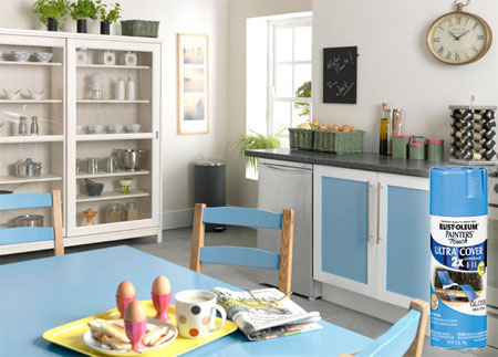 Use Rust-Oleum spray paint to spruce up tired kitchen cabinets, tables and chair