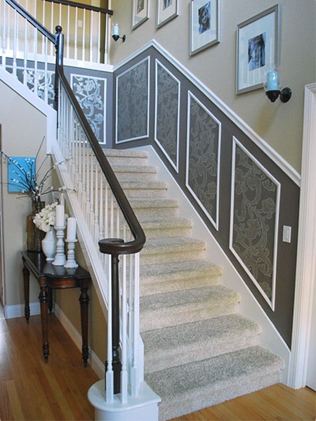 Staircase transformed with moulding and paint 
