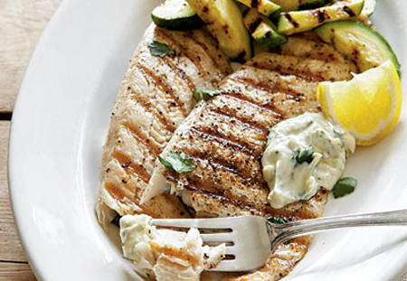 Grilled trout with baby marrow and herb mayonnaise 