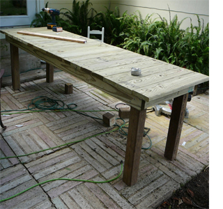 outdoor garden weathered long rectangular farmhouse table