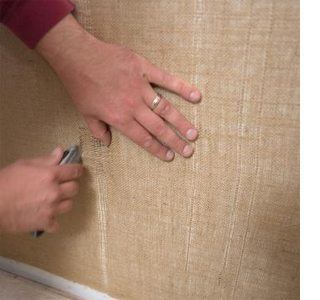 Burlap wall panels for a bathroom