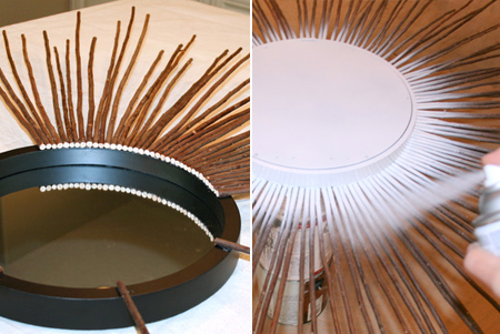 Sunburst mirror with twigs