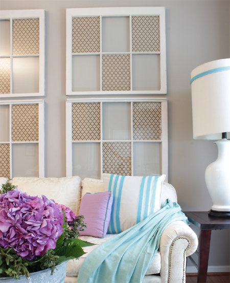 repurposed salvaged window frames for wall art focal point display
