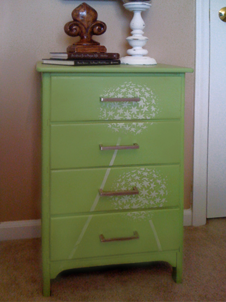 Dandelion stencil design painted chest of drawers