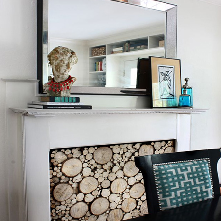 Faux log panel for real or faux fireplace