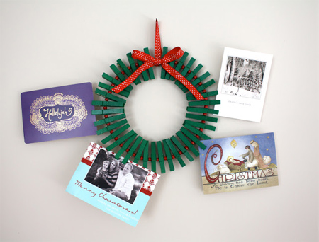 Make a decorative peg wreath to hang greeting cards
