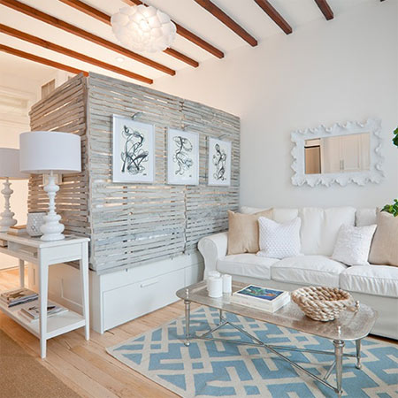 timber slats with limewash finish as a room divider