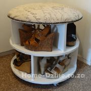 Shoe storage carousel on casters with padded top 