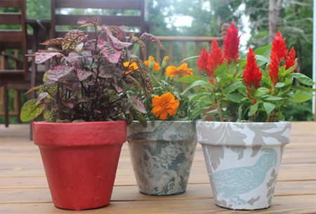 Fabric covered plant pots add a splash of colour