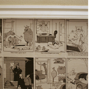 newspaper or sheet music or cartoons for wallpaper