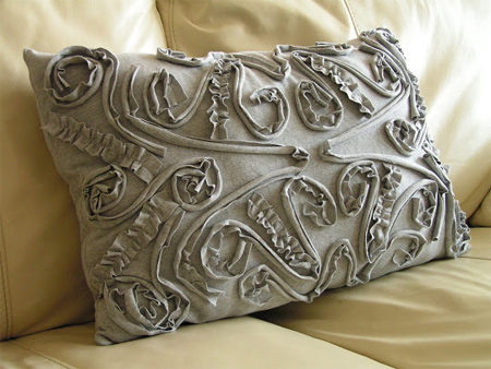 Decorative cushion with t-shirt scraps