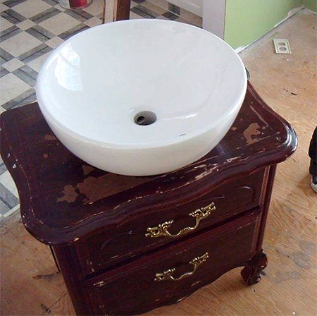 old chest of drawers revamped into bathroom vanity