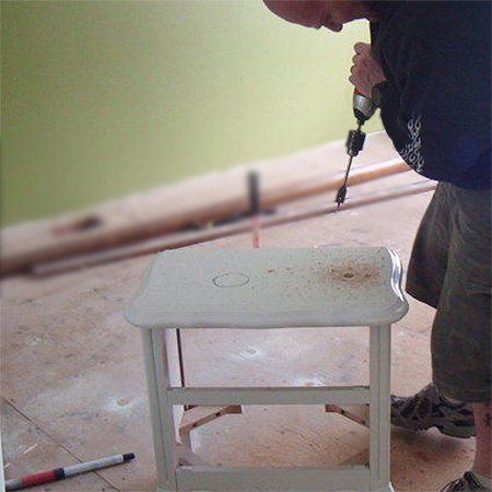drill holes in top of old vintage chest of drawers for bathroom vanity
