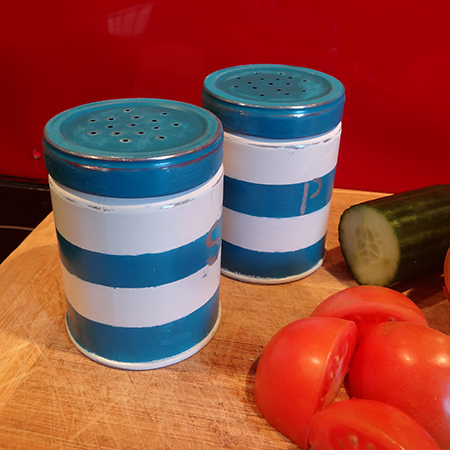tins cans recycled into salt and pepper shakers distress