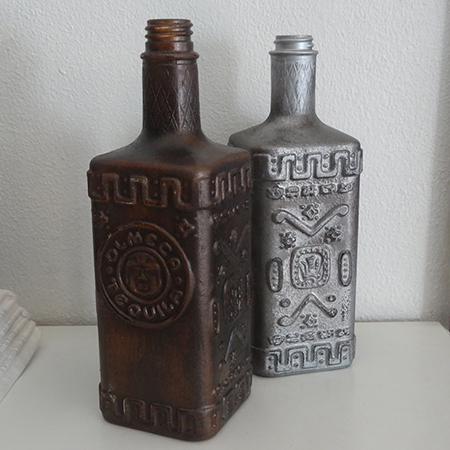 Rust-Oleum Universal titanium silver and aged copper spray paint aged vintage glass bottles