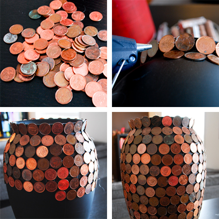 use old one and two cent pieces to decorate an old vase