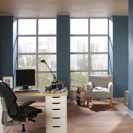 Blue is known for its calming properties, so what better place to use shades of blue than in a home office or craft room.