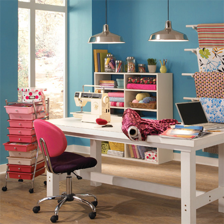Blue is known for its calming properties, so what better place to use shades of blue than in a home office or craft room.