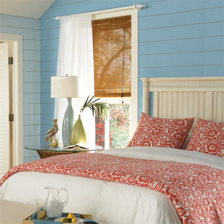 Casual cottage comfort with sky blue walls, ivory-painted furniture and red bedding. Paint allows you to show your creative side and decorate rooms that match your personality or style.