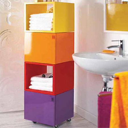 Use supawood cubes painted in bright colours to create a modular bathroom storage units