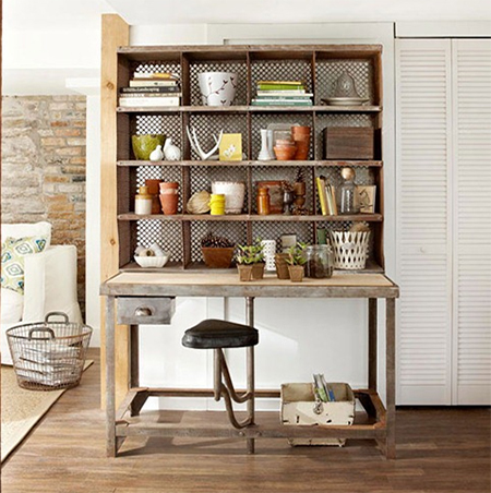 reclaimed wood shelf display unit in holiday home