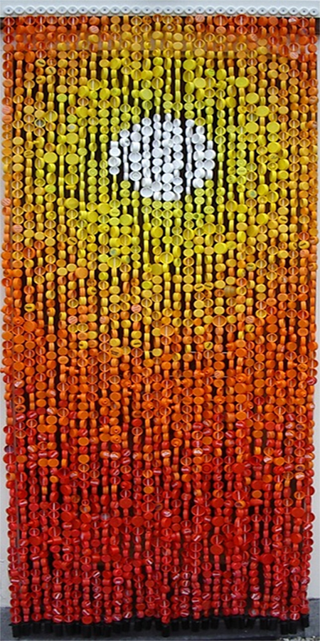 colourful curtain made from recycled plastic bottle tops caps