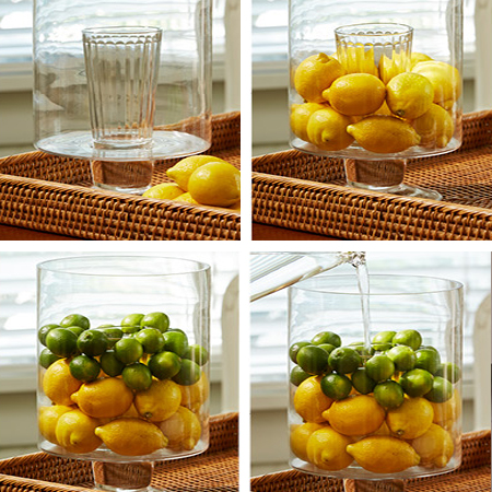 fill vase with lemon lime and fresh flowers for a colourful zesty table centrepiece