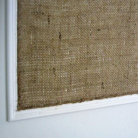 add pine moulding or trim and burlap or hessian fabric panel to interior door